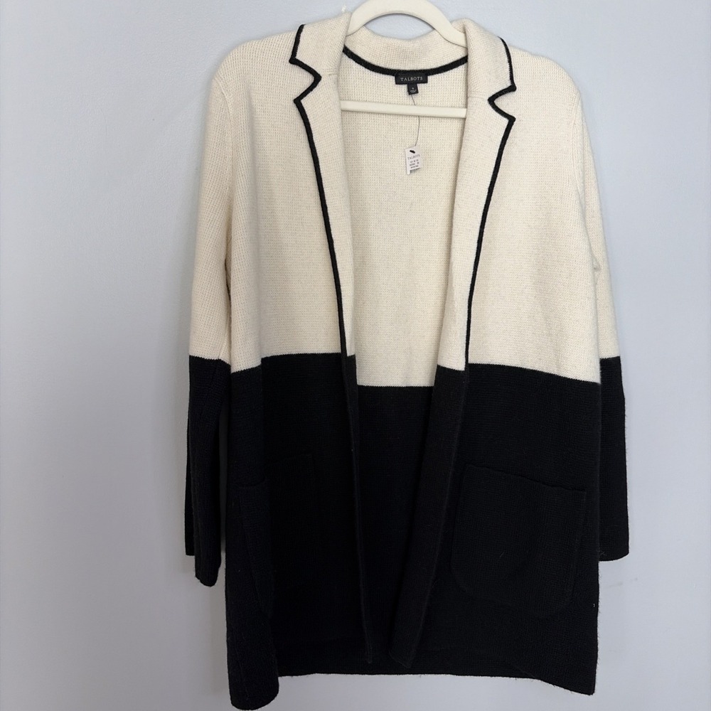 Talbots NWT Wool Viscose Blend‎ Black White Colorblock Cardigan Sweater Size S